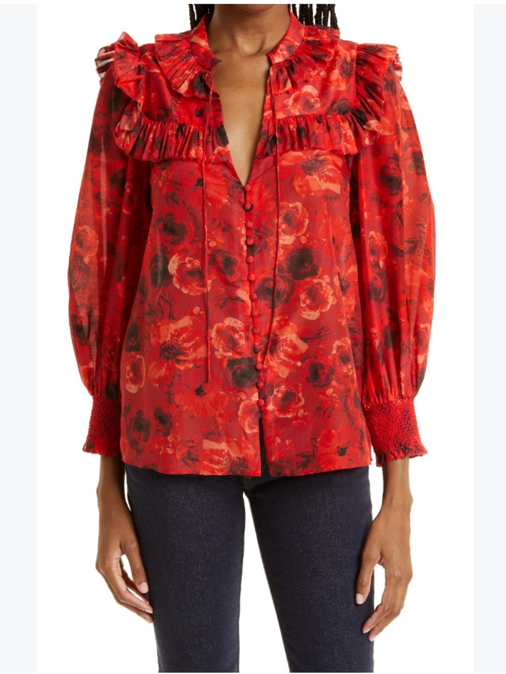 Alice + Olivia Silk Blend Red Floral Tie-Neck Blouse